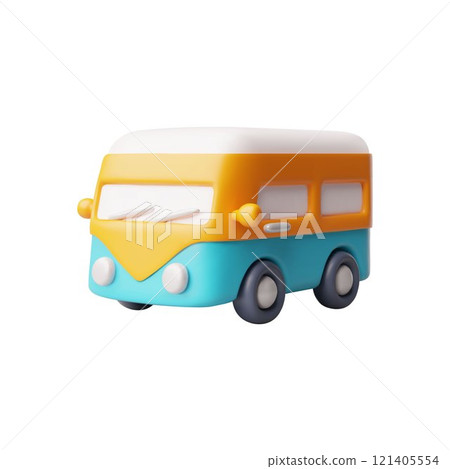 Blue and orange colors bus 3D cartoon plastic vector, retro public transport, volume toy, vector vintage travel vehicle Blue and orange colors bus 3D cartoon plastic vector, retro public transport, volume toy, vector vintage travel vehicle 121405554
