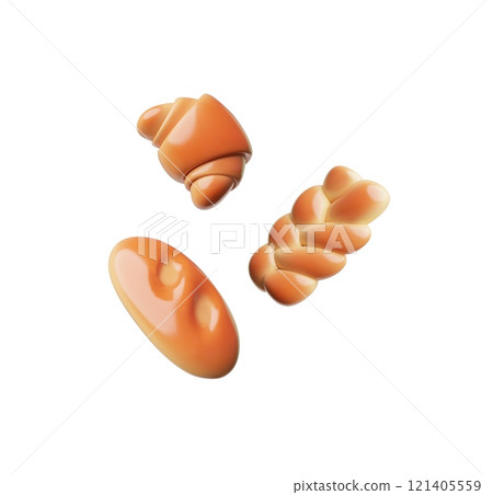 3D bread pastry, ruddy baton plastic cartoon style icon, vector loaf of wheat bread, French croissant and braid bakery 3D bread pastry, ruddy baton plastic cartoon style icon, vector loaf of wheat bread, French croissant and braid bakery 121405559