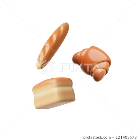 Set of 3D bread of various shapes: loaf, bread and croissant on a white background. Set of 3D bread of various shapes: loaf, bread and croissant on a white background. 121405578