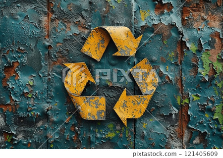 Yellow recycling symbol on the background of a wall with cracked paint from time 121405609
