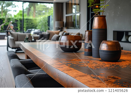 Rustic wooden table with a vase of flowers in living room Rustic wooden table with a vase of flowers in living room 121405626