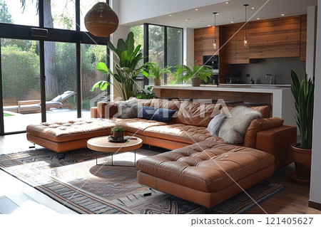 Large brown leather sectional sofa is the centerpiece of living room with rug and coffee table. Well lit and has modern, stylish feel 121405627