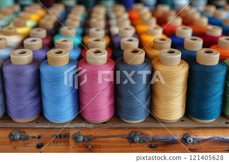 Bunch of colorful threads are displayed on wooden table 121405628