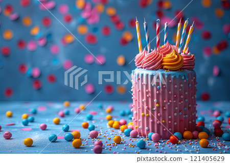 Pink birthday cake with candles on top and colorful sprinkles on the table with copy space 121405629