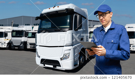 Fleet manager with digital tablet on a background of trucks. 121405670