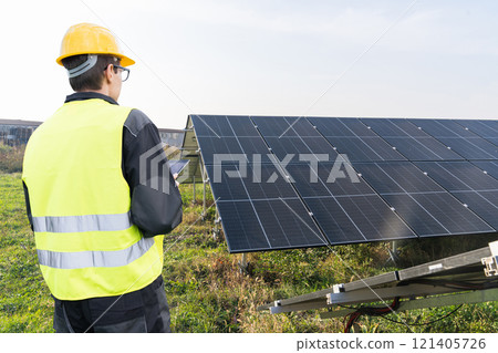 Engineer with digital tablet on a background of solar panels Engineer with digital tablet on a background of solar panels 121405726
