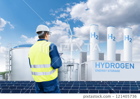 Engineer with tablet computer on a background of Hydrogen factory. Engineer with tablet computer on a background of Hydrogen factory. 121405736
