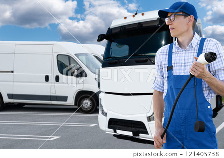 Man with charging plug on a background of electric truck. Man with charging plug on a background of electric truck. 121405738
