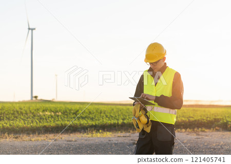 Engineer with digital tablet controls wind turbines 121405741