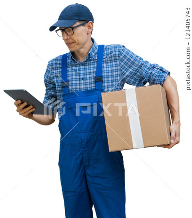 Isolated delivery man in uniform with digital tablet 121405743