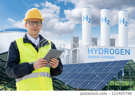 Engineer with tablet computer on a background of Hydrogen factory. Engineer with tablet computer on a background of Hydrogen factory. 121405746