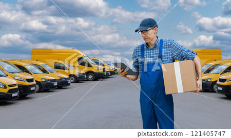 Delivery man in uniform with digital tablet 121405747