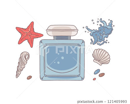 Vector illustration of set with image of bottle and ingredients of perfume. 121405993