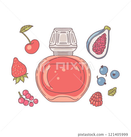 Vector illustration of perfume bottle set and berry ingredients. 121405999