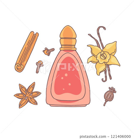 Vector illustration of a set with a bottle of perfume and ingredients from flowers and spices. 121406000