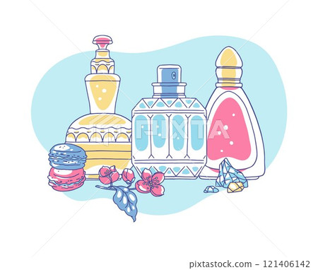 Vector illustration of perfume bottles, different shapes and ingredients. Vector illustration of perfume bottles, different shapes and ingredients. 121406142
