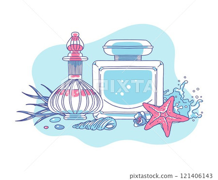 Elegance perfume glass bottles with marine fragrance, vector dispensers with sea shells, starfish, seaweed ocean spray 121406143
