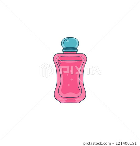 Elegance perfume pink glass bottle with blue cap, beautiful cologne vial, vector feminine fragrant cosmetic product Elegance perfume pink glass bottle with blue cap, beautiful cologne vial, vector feminine fragrant cosmetic product 121406151