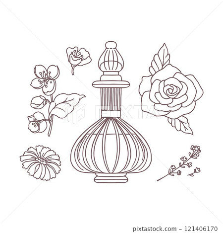 Vector illustration depicting a set of outline sketches of perfume bottle and flower ingredients. Vector illustration depicting a set of outline sketches of perfume bottle and flower ingredients. 121406170