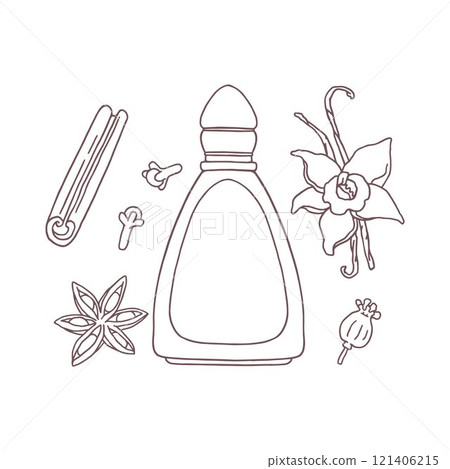Vector contour illustration with a perfume icon surrounded by spices: cardamom, cinnamon, cloves and vanilla. Vector contour illustration with a perfume icon surrounded by spices: cardamom, cinnamon, cloves and vanilla. 121406215