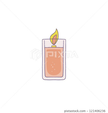 Burning aromatic candle flat vector, beige wax candle in glass jar, natural fragrance, aromatherapy design element Burning aromatic candle flat vector, beige wax candle in glass jar, natural fragrance, aromatherapy design element 121406236