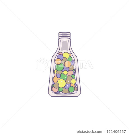 Glass bottle with perfume colorful gel balls, flask with scent bubbles, vector fragrant cosmetic, aromatherapy product Glass bottle with perfume colorful gel balls, flask with scent bubbles, vector fragrant cosmetic, aromatherapy product 121406237