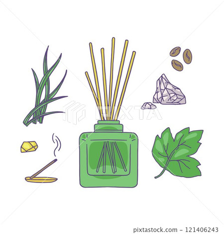 Vector illustration of a set with the image of a diffuser with aromatic sticks with ingredients. 121406243