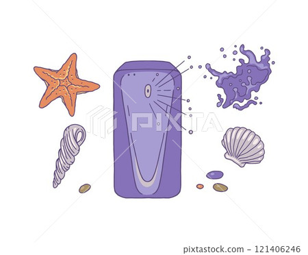 Perfume glass spray bottle with marine fragrance, vector blue dispenser with sea shells starfish and ocean spray essence Perfume glass spray bottle with marine fragrance, vector blue dispenser with sea shells starfish and ocean spray essence 121406246
