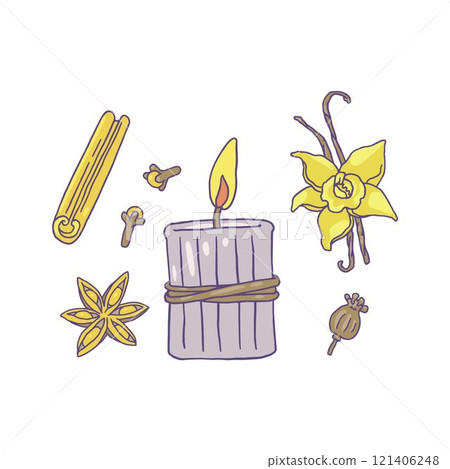 Vector illustration with burning candle with jute, surrounded by spices: cloves, star anise and cinnamon. Vector illustration with burning candle with jute, surrounded by spices: cloves, star anise and cinnamon. 121406248