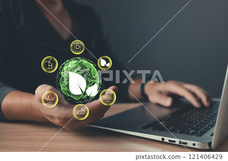 person use software to save energy,and reduce global warming,climate change,ecology friendly investment,ESG environment social governance,Green Business Innovation and Sustainable Development concept. 121406429