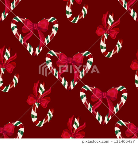 Seamless heart-shaped candy cane pattern with bowknot 121406457