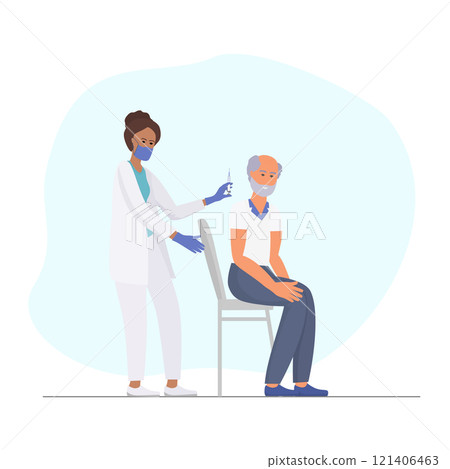 A medical worker in a white uniform gives an injection to an elderly man sitting on a chair 121406463