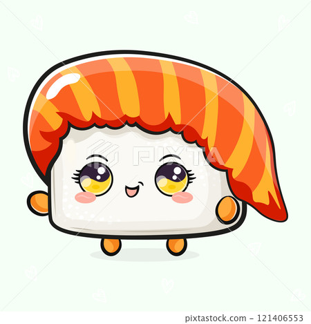 Cute funny Sushi waving hand. Vector hand drawn cartoon kawaii character illustration icon. Isolated on white background. Sushi character concept Cute funny Sushi waving hand. Vector hand drawn cartoon kawaii character illustration icon. Isolated on white background. Sushi character concept 121406553