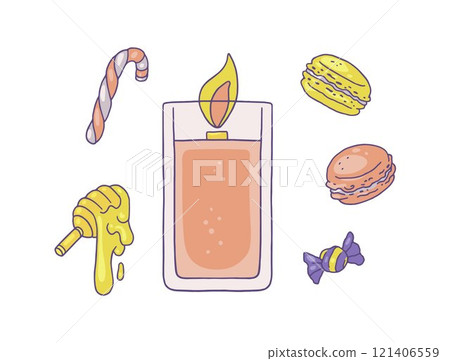 Burning wax or paraffin aromatic candle with sweets fragrance, vector candies and lollipop, honey, Macaroon dessert 121406559