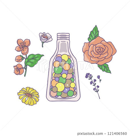 Flowers and glass bottle with perfume colorful scent gel balls, rose, lavender, daisy blossom, vector floral fragrance Flowers and glass bottle with perfume colorful scent gel balls, rose, lavender, daisy blossom, vector floral fragrance 121406560