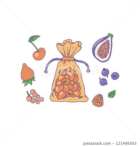 Vector illustration of a set with the image of an aromatic sachet with berry ingredients. 121406563