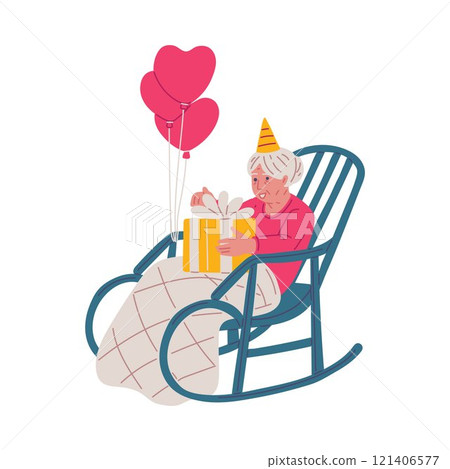 Happy old woman in festive hat with gift box and balloon heart shape sitting in rocking chair, vector birthday celebrate 121406577