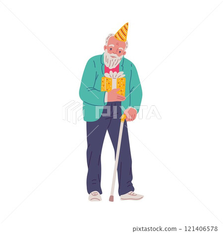 Happy old man with stick in festive hat holds gift box, vector grandfather celebrate birthday, elderly man enjoy holiday 121406578