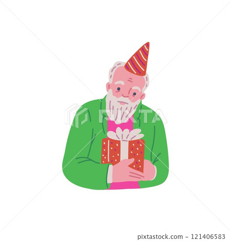 Vector illustration with portrait of grandfather in party hat and gift box. 121406583
