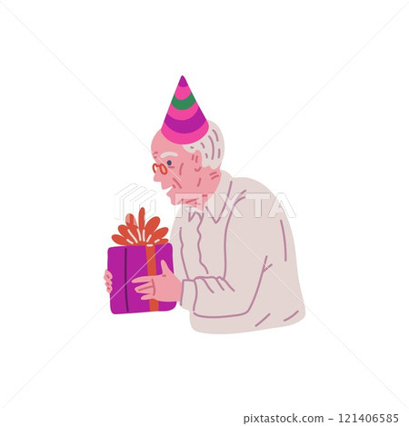 Happy old man in festive hat holds gift box, vector cartoon grandfather celebrate birthday, elderly man enjoy holiday 121406585