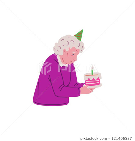 Happy old woman in festive hat holding birthday cake with burning candle, vector cartoon grandmother celebrate birthday 121406587