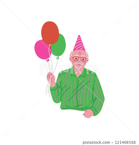 Joyful old man in festive hat with balloon, vector cartoon grandfather celebrate birthday, elderly man enjoy anniversary Joyful old man in festive hat with balloon, vector cartoon grandfather celebrate birthday, elderly man enjoy anniversary 121406588