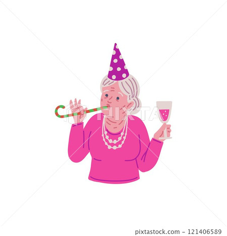 Joyful old lady in cone hat with festive whistle and glass of champagne, vector cartoon grandmother celebrate birthday 121406589