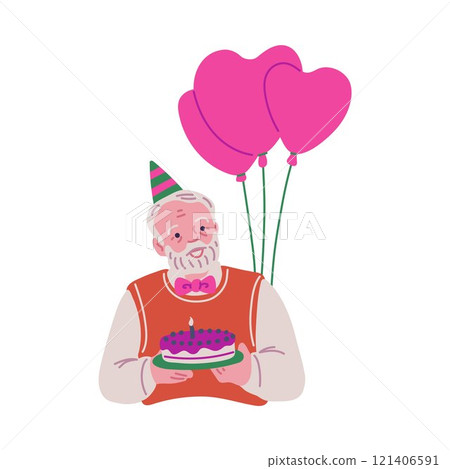 Vector illustration elderly man in a festive hat holding a cake and heart-shaped balloons 121406591