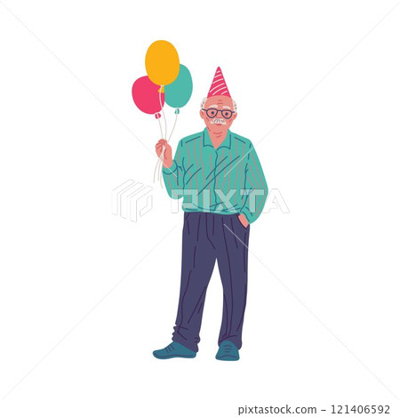 Happy old man in festive hat with balloons, vector cartoon grandfather celebrate birthday, elderly man enjoy anniversary 121406592