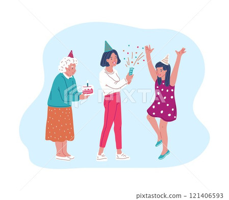 Illustration of grandmother with cake in hands celebrating birthday in family circle. 121406593