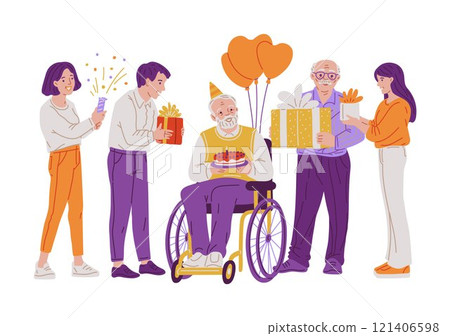 Vector illustration of a grandfather in a wheelchair with a cake and balloons in a family circle. 121406598