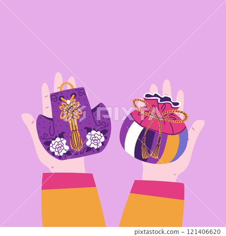 Vector illustration of human hands giving Korean lucky bags. 121406620