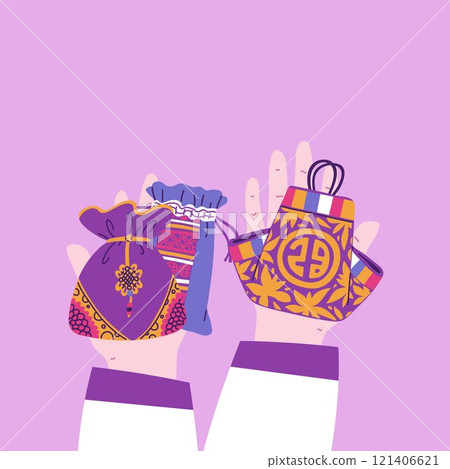 Vector illustration with hands holding beautiful Korean luckybags with images of traditional ornaments. 121406621