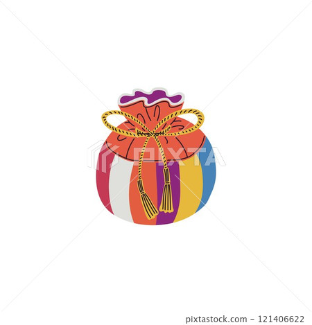 Vector illustration happy bag of multicolored fabrics with a gold lace tied in a bow 121406622